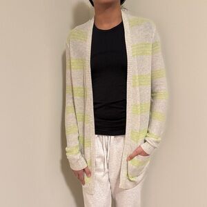 Theory Cream and Light Green Striped Cardigan